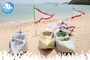 fully contructed craft on the beach at Ao Yon in Phuket ready for the cardboard boat building race